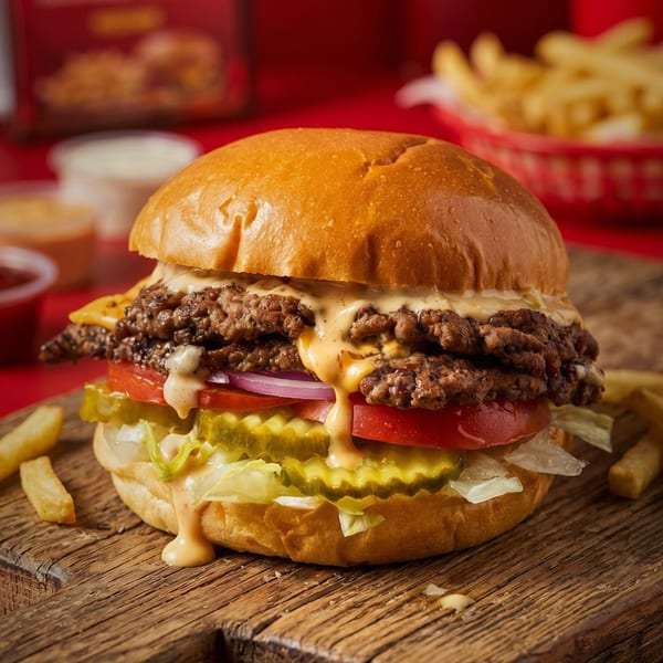 A double smash burger with melted cheese, lettuce, tomato, pickles, and sauce on a wooden board.