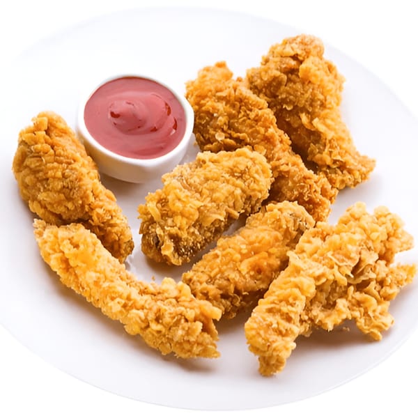 Crispy golden-brown chicken tenders with a side of red dipping sauce on a white plate.